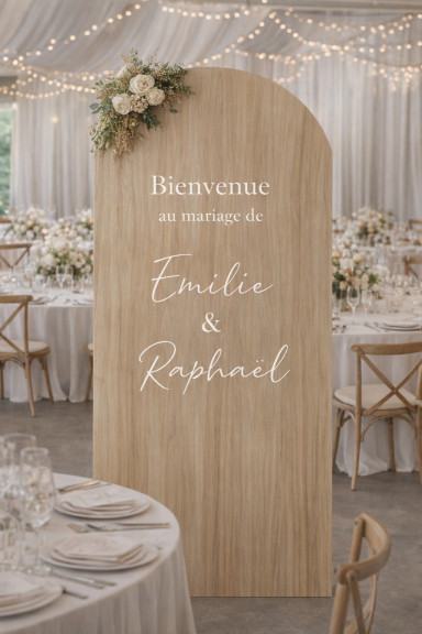 Panneau d'accueil en bois pour le mariage d'Émilie et Raphaël, décoré de fleurs.