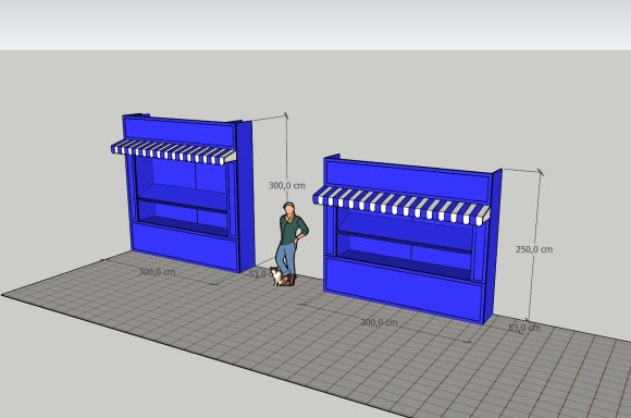 Deux kiosques bleus avec une personne en bas, mesures indiquées.