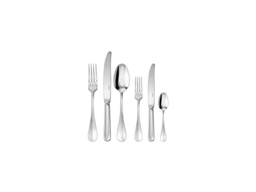 Couverts en inox comprenant fourchette, couteau et cuillère de différentes tailles.